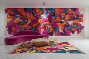 Multicolor rug in magenta marble gallery living room