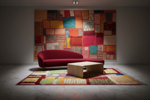 Patchwork rug in crimson marble gallery living room