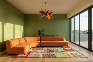 Patchwork rug in lime green Murano glass living room