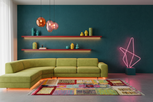Patchwork rug in teal lime neon art living room