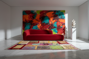Patchwork rug in Zaha Hadid crimson marble space
