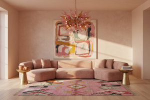 Pink rug in Murano glass golden hour living room