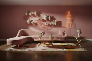 Pink rug in surrealist dreamscape living room