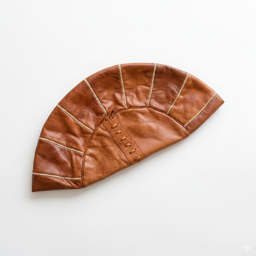 Brown leather pouf with decorative stitching on a white background