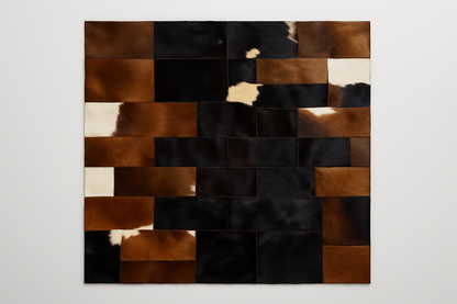 Professional studio front shot of Moroccan cowhide patchwork carpet