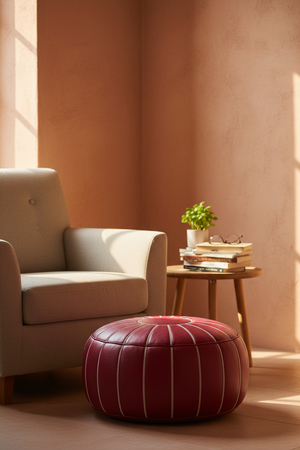 Red Moroccan leather pouf in sunlit reading nook
