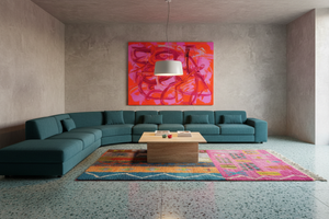 Striped rug in B&B Italia teal terrazzo living room