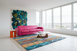 Striped rug in Cassina pink teal modernist living room