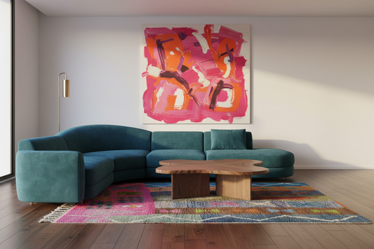 Striped rug in Poliform teal brass living room
