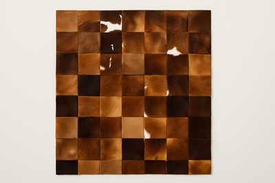 Studio shot of Moroccan traditional cowhide patchwork carpet