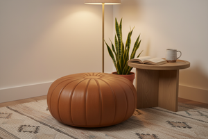 Styled interior shot 2 - tan leather pouf in reading nook
