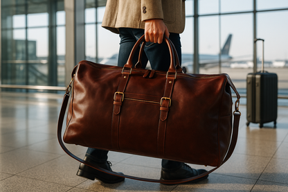 Traveler with weekender bag at airport