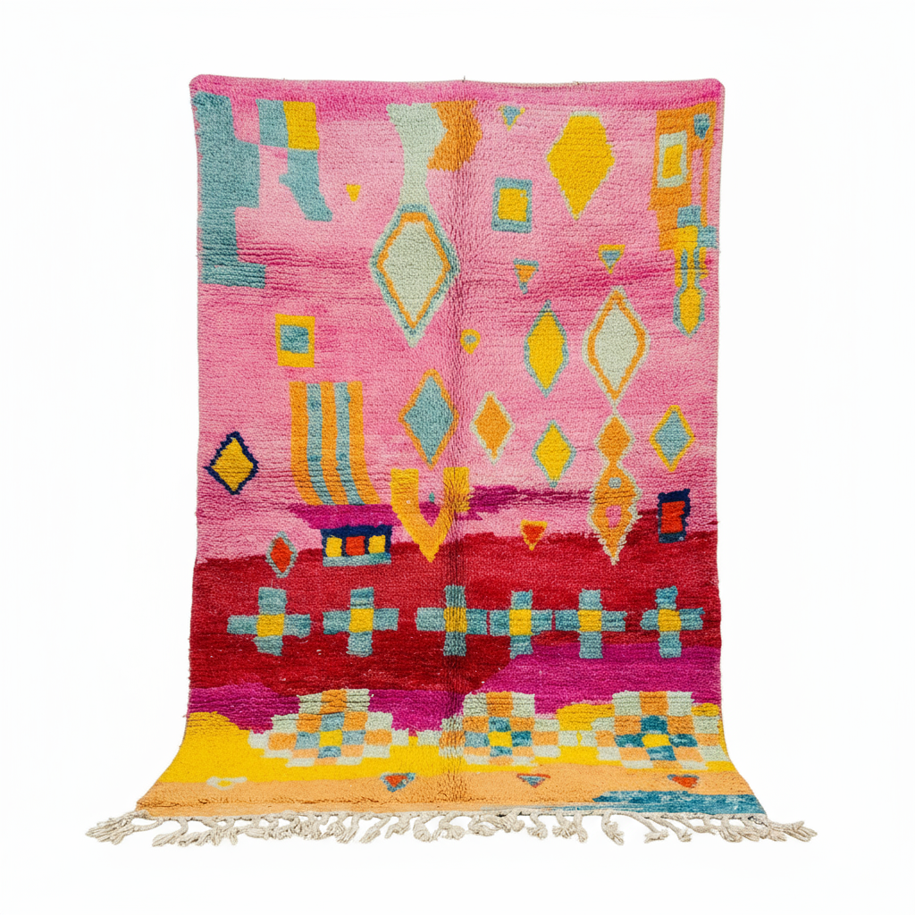 Handwoven Moroccan Wool Kilim Rug in Vibrant Pink with Geometric Border Detail